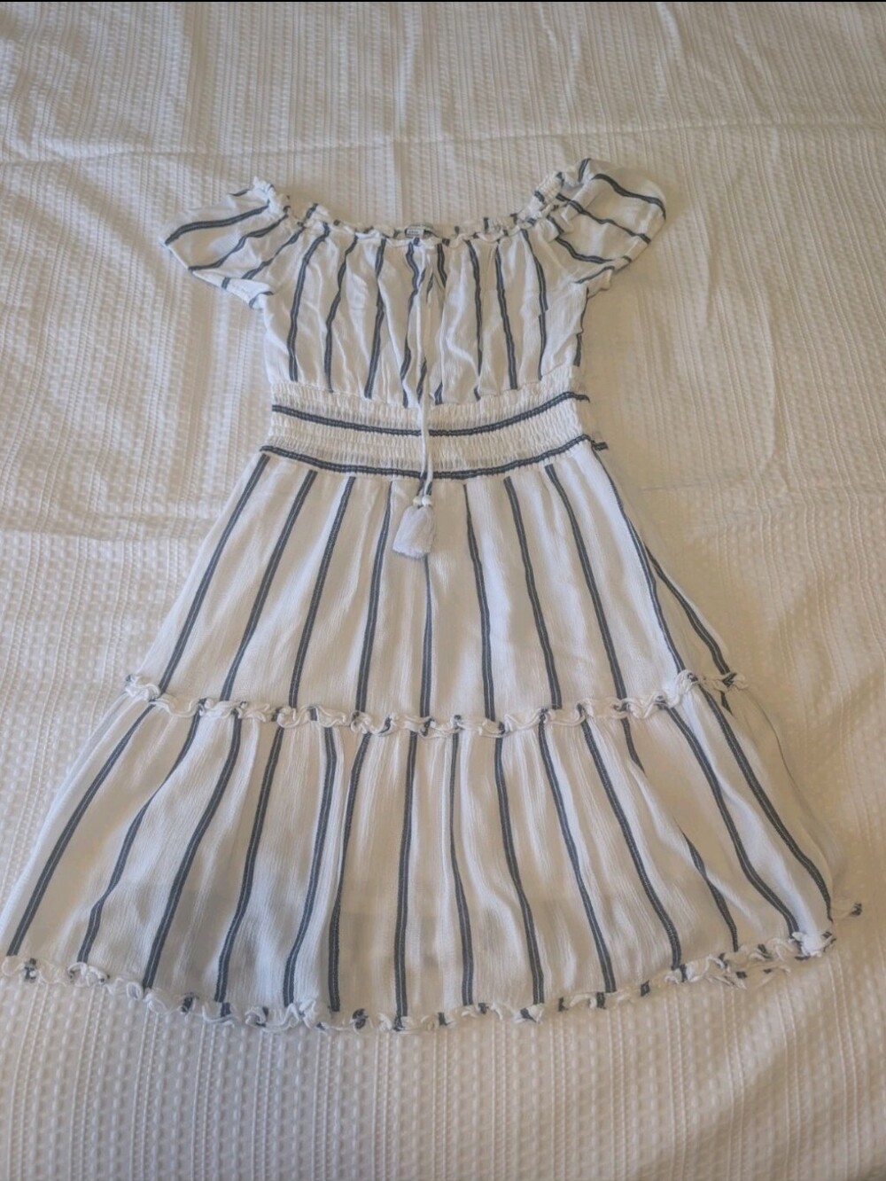 American Eagle Outfitters White and Navy Striped Off-Shoulder Dress